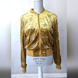 Sanctuary Stargazer Crused Velvet Bomber Jacket S EUC mustard embroidery stars